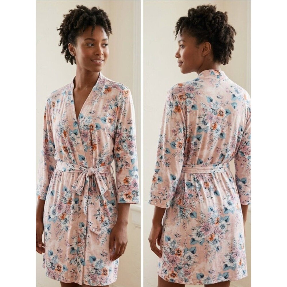 Vera Bradley Pink Floral Cotton Stretch Wrap Tie Lounge Robe Size L XL